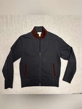 Billy Reid Slub Terry Full Zip Bomber Jacket Navy Blue Brown Suede Trim Sz M